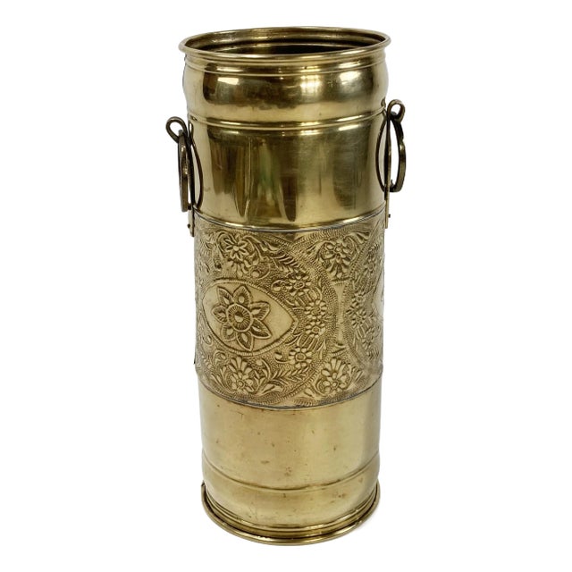Vintage Brass Floral Motif Umbrella Stand For Sale