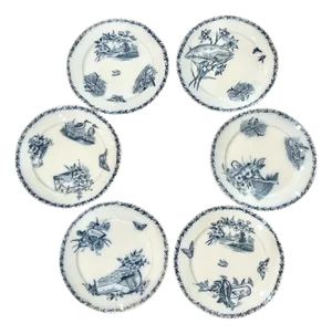 Antique Set of 6 Terre De Fer French Ironstone Flow Blue Plates Badonviller Ecran Pattern