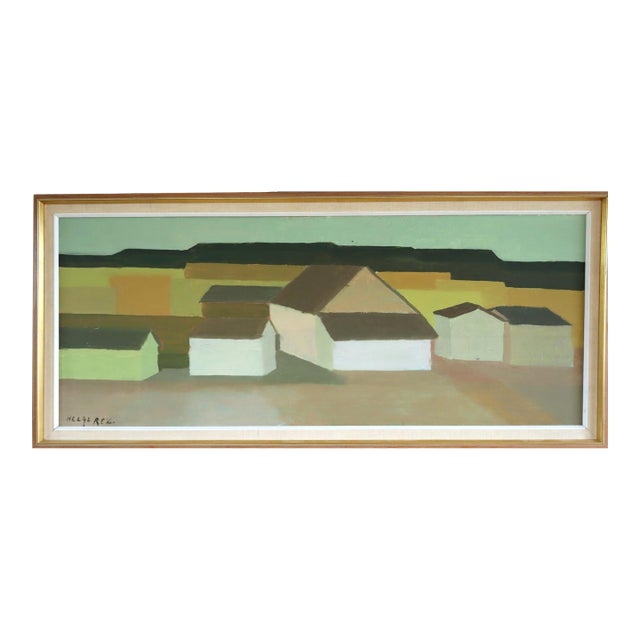1967 Mid-Century Modern 'Golden Fields' Vintage Swedish Geometric Abstract Landscape Oil Painting, Framed For Sale