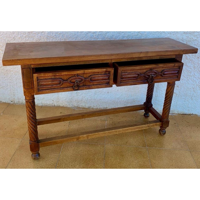 1930s Carved Walnut Console Table With Solomonic Legs and Two Drawers For Sale - Image 4 of 10