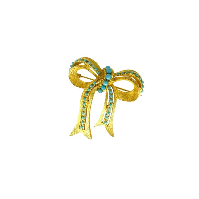 Vintage Jewelry Set by Ballet Jewels Gold Tone Faux Turquoise Brooch Earrings - 3 Pieces For Sale - Image 4 of 8