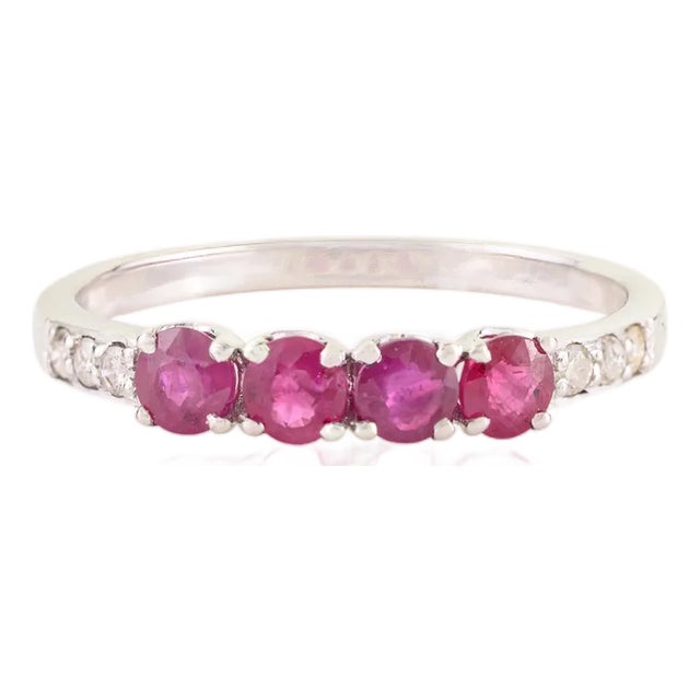 14k Gold Modern Natural Ruby & Diamond Half Eternity Band Ring Size 4 For Sale