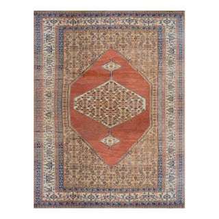 1880s Ivory Salmon Diamond Antique Persian Bakshaiesh Rug 15' X 18' Knotted Pile Wool Carpet For Sale