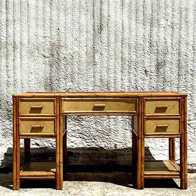 Vintage Coastal Woven Rattan Writing Desk For Sale - Image 4 of 8
