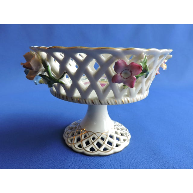 Circa 1890 Carl Thieme Dresden Porcelain Reticulated Compote With Applied Flowers Majolica Ware Design For Sale In Minneapolis - Image 6 of 10