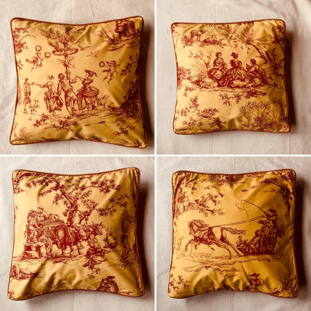 Toile De Jouy Throw Pillow Cover, Hivers Pattern, Red and Gold, 20-Inch Square For Sale - Image 12 of 12