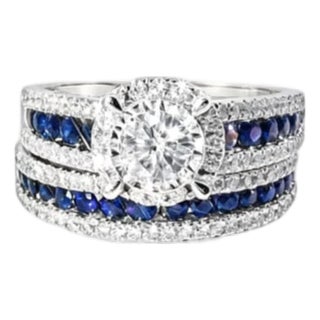 Late 20th Century Size 7 14K White Gold Sapphire and Diamond Engagement Ring Set For Sale