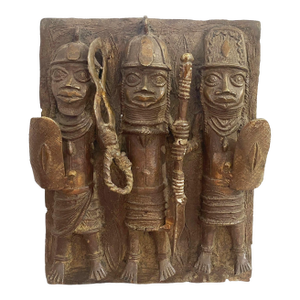 Vintage African Benin Bronze Plaque W/ Warriors 13.5" H