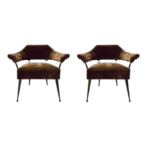 Caracole Modern Brown Mohair Louisette Lounge Chairs Pair