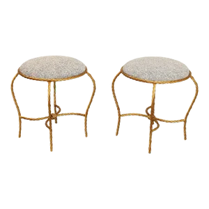 Hollywood Regency Pair of Gilt Metal Rope Twist Stools