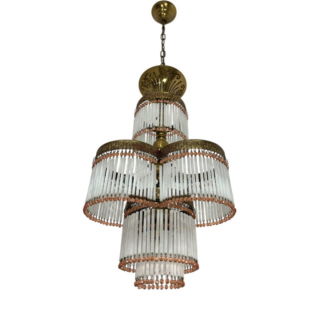 Art Deco 4-Light Chandelier in Brass and Glass, 1940s For Sale