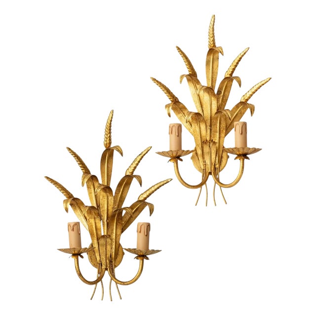 Hollywood Regency Gilt Wheat Sheaf Wall Sconces, Italy, 1990s, Set of 2 For Sale