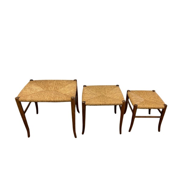 Vintage Mid Century Piazza Original Italian Set of 3 Rush Seat Nesting Stools/Tables, Attributed to Gio Ponti For Sale - Image 9 of 17