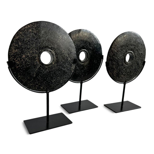 Late 20th Century Vintage Modern Minimalist Black Stone Disk Wheel on Stand For Sale - Image 5 of 5