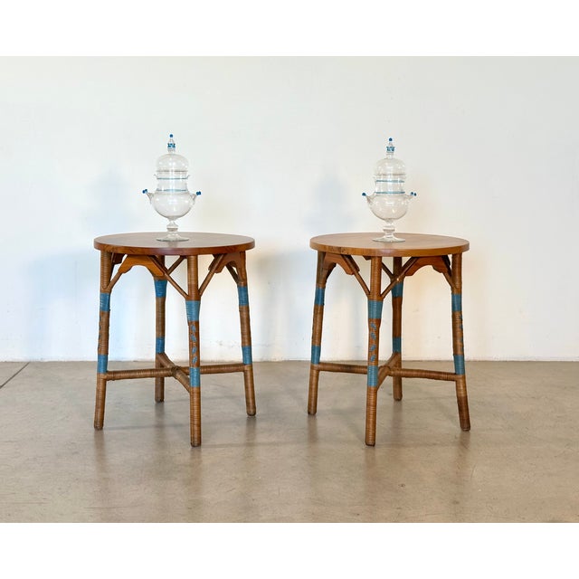 Pair of wooden and wicker coffee tables from the 1970s.