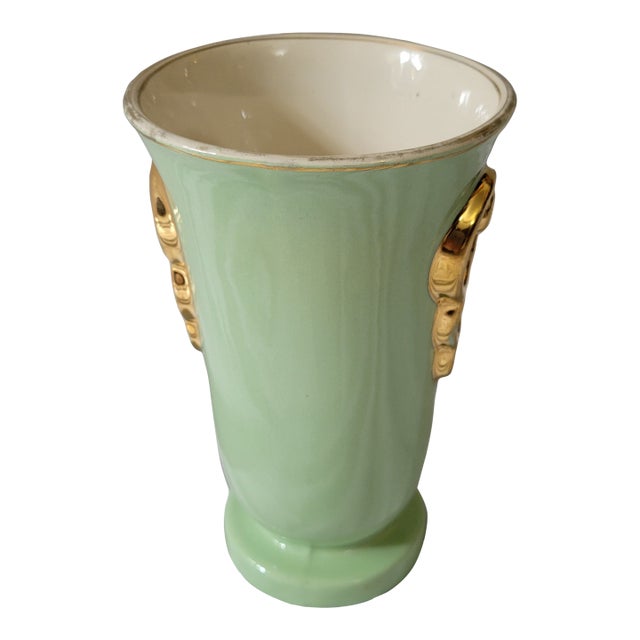 1950s Mid-Century Boch Freres Gilded Mint Green Vase For Sale