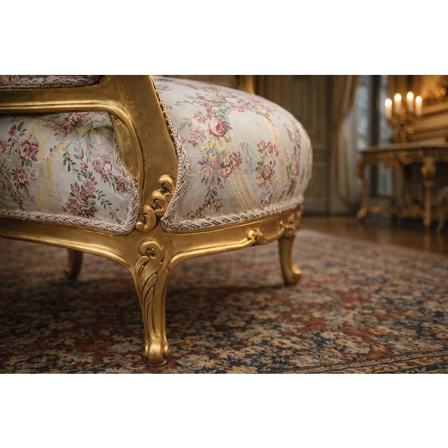 French 1970 French Louis XVI Gold Beech Damask Bergères - Pair For Sale - Image 3 of 14