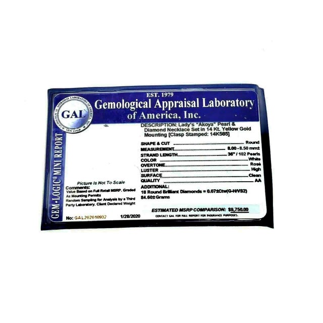 1990s Diamond Akoya Pearl Necklace 14k Gold 8.5 Mm 36 in Certified For Sale - Image 11 of 14