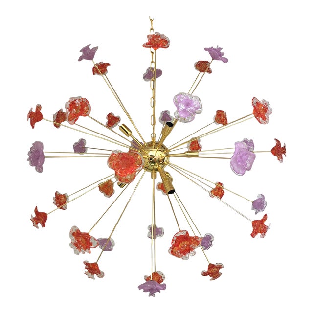 Contemporary Red and Violet Flowers Murano Glass Sputnik Chandelier For Sale