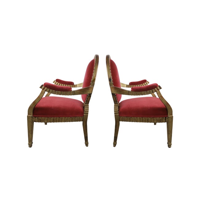 Pair of Vintage French Louis XVI Style Giltwood Carved Armchairs For Sale - Image 4 of 11
