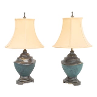 Pair of Neoclassical Style Patinated and Verdigris Bronzed Metal Table Lamps For Sale