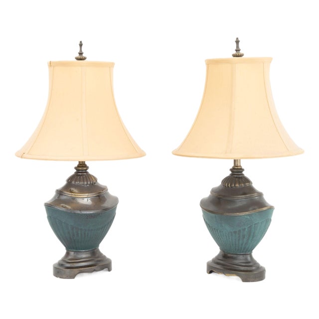 Pair of Neoclassical Style Patinated and Verdigris Bronzed Metal Table Lamps For Sale
