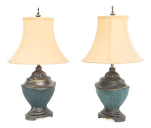 Pair of Neoclassical Style Patinated and Verdigris Bronzed Metal Table Lamps