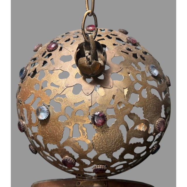 Mid 20th Century Vintage Japan Ornate Cut Out Brass Hanging Lamp Light Fixture W Faceted Jewels For Sale - Image 5 of 10