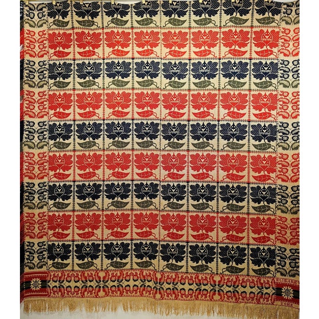 Red 1840s Handwoven American Coverlet, Floral Motif, Signed Elizabeth Yohe For Sale - Image 8 of 8