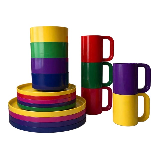 1970s Heller Massimo Postmodern Plastic Dinnerware Vignelli Rainbow Stacking Mug & Plate Set - 18pcs For Sale