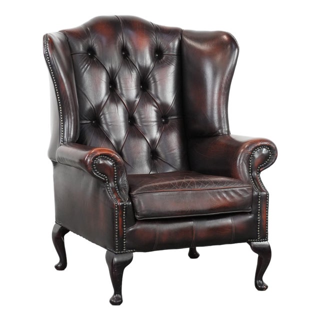 Chesterfield Wing Chair in Brown Cowhide Leather For Sale