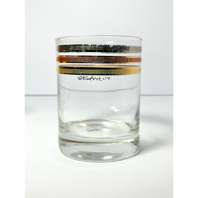 Culver Ltd. 1960s Mid-Century Culver Gold Silver Copper Band Old Fashioned Tumbler Glasses - Set of 5 For Sale - Image 4 of 5