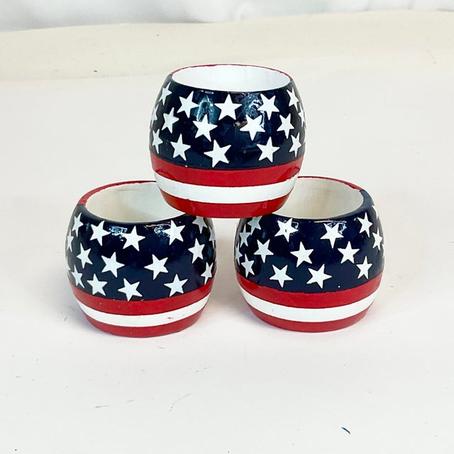 Vintage Americana Arts & Crafts Boho Chic Painted Wood Flag Motif Napkin Rings - Set of 6 - 4th of July For Sale - Image 9 of 14