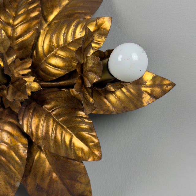 Gold Vintage Wrought Iron Ceiling Lamp with Gold Leaves, 1970s For Sale - Image 8 of 11