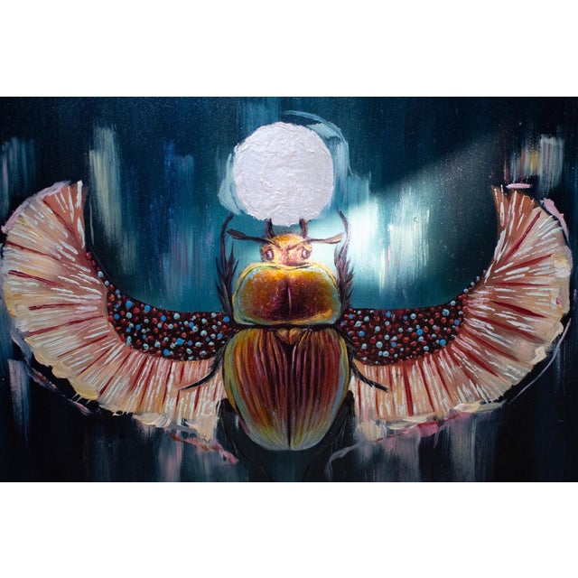 Scarab Totem by Andrada Trapnell | Oil on Board Oil painting of a scarab beetle with colorful wings. For Sale