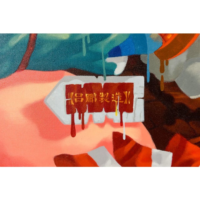 Lu Peng Large Colorful Provocative Acrylic Painting Titled Floating, 1996, Chinese For Sale - Image 9 of 11