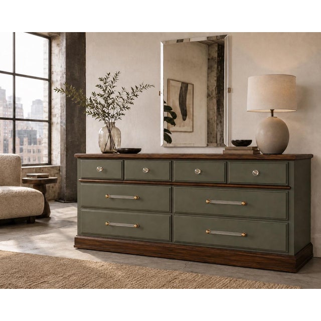Restored 1960s American Solid Wood Dresser With Frameless Beveled Mirror | Old Chapel Sagewood™ Finish For Sale In Los Angeles - Image 6 of 7