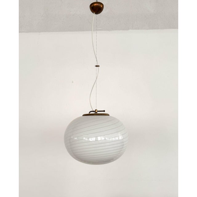 Italian Murano Swirl Glass Globe Chandelier with Brass Details, 1970s For Sale - Image 11 of 13