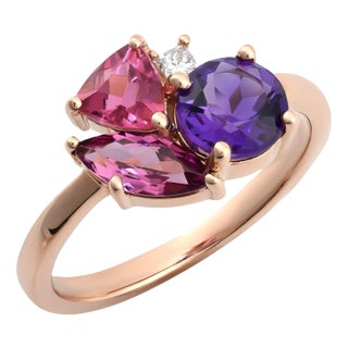 Natural Amethyst, Pink Tourmalines, and Diamond 1.83 cts TW set in 14KRG Ring Size 6.5 For Sale