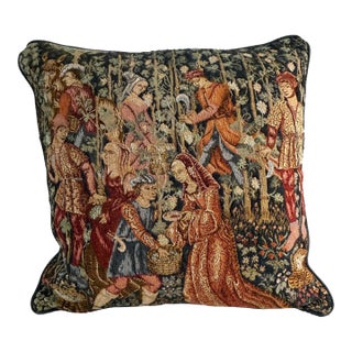 Vintage English Medieval Millefleurs Tapestry 19.5”Pillow “Courtly Garden Scene” Made in England - With Down Insert For Sale