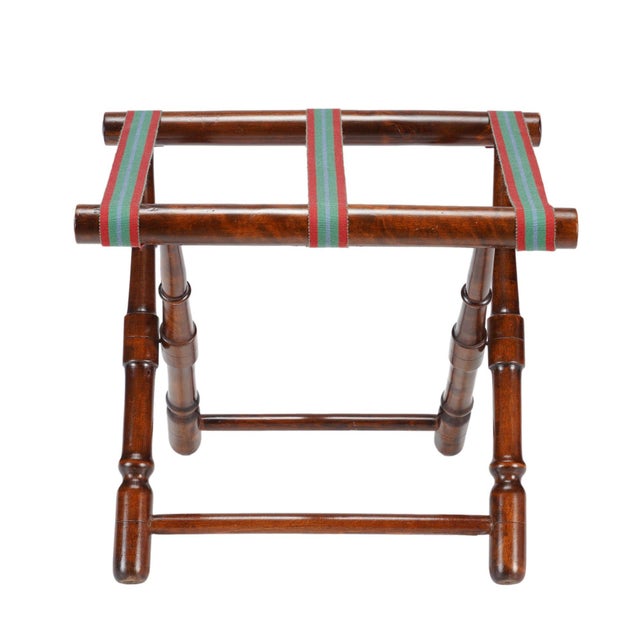 Folding burled hardwood "X" form butler's tray or luggage stand. Joined with horizontal stretchers & cotton straps. Straps...