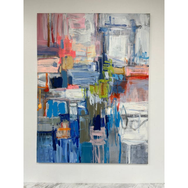 A layered and energetic original oil painting on canvas featuring a vibrant interplay of color texture and movement....