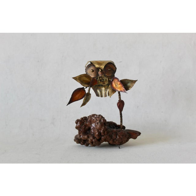 Brass Mid-Century Modern Brutalist Metal Owl Burl Wood Base Sculpture in the Style of Curtis Jere For Sale - Image 8 of 9