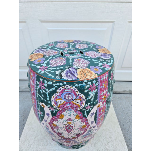 Chinoiserie Teal Floral Chinoiserie Garden Stool For Sale - Image 3 of 8