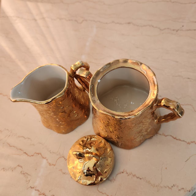 1960s Creamer + Sugar Set 22kt Weeping Gold Bel Terr For Sale - Image 4 of 12
