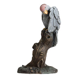 Brass Parrot Figurine – 6.7" Gray Bird Sculpture on Wooden Branch For Sale