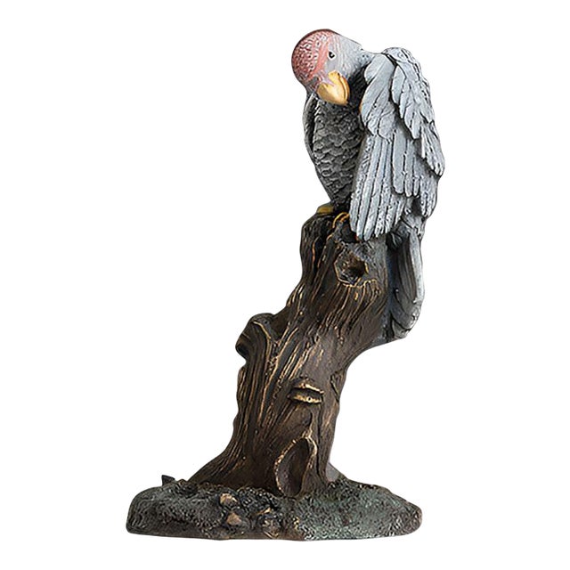 Brass Parrot Figurine – 6.7" Gray Bird Sculpture on Wooden Branch For Sale