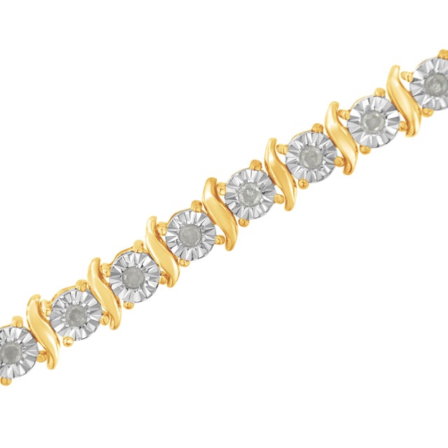 10K Yellow Gold over .925 Sterling Silver 1.0 Cttw Diamond S-Curve Link Miracle-Set Tennis Bracelet (I-J Color, I3 Clarity) - 7" For Sale - Image 4 of 7