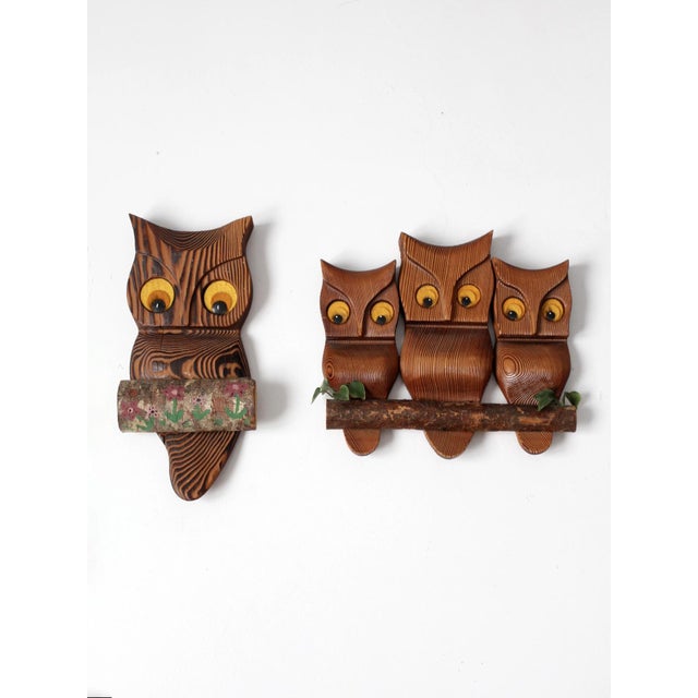 Mid-Century Modern Mid-Century Carved Wood Owl Wall Hangings Set For Sale - Image 3 of 9