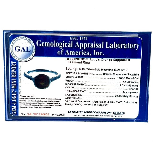 Metal Natural Orange Sapphire Diamond Ring 6.5 14k W Gold 1.88 TCW Certified For Sale - Image 7 of 10